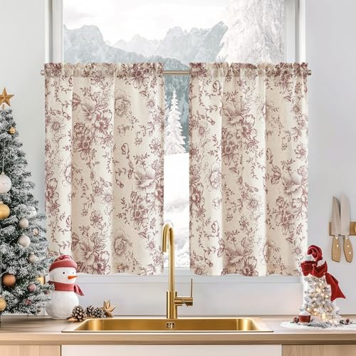 TOPICK Leinen Scheibengardinen Blumen Küchengardinen Landhausstil Modern Gardinen Vorhänge Kurz Bistrogardine für Frühling Wohnzimmer Badezimmer Kurzstores,2er Set 65 B x 90 H (cm),Rot auf Beige