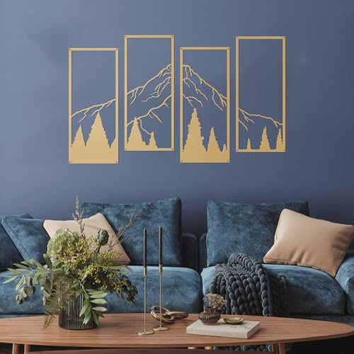 ruelen 4 Stück Metall Berg und Wald Wanddekoration Strichzeichnung Wandkunst Minimalistische Wanddekoration Rustikale Natur Home Wandkunst Skulptur Büro Wohnzimmer Schlafzimmer (Bergwald,Gold)