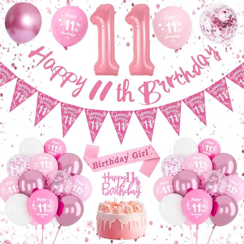 11. Geburtstag Rosa: Happy 11th Birthday Banner & Party Deko für Mädchen