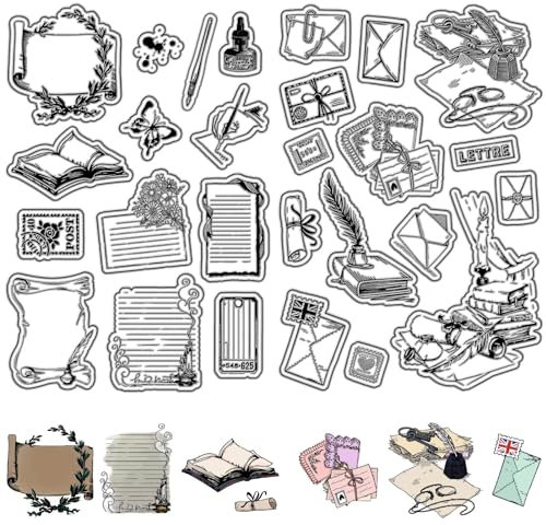 craspire 2 Stil Umschlag Memoboard Klare Gummistempel Vintage Bücher Rahmen Poststempel Wiederverwendbare Transparente Silikonstempelsiegel Für DIY Scrapbooking Journaling Kartenherstellung Dekor