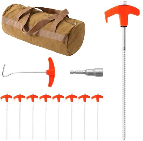 8 PCS Zeltheringe, Zeltheringe zum Schrauben mit Aufbewahrungstasche und Heringzieher, Heringe Erdnägel zum Schrauben mit Seilhalter und Fluoreszierend, Schraubheringe Camping, 25cm Erdschrauben