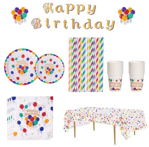 Set di stoviglie per feste di compleanno PYGHAP palloncini colorati piatti di carta set - piatti, bicchieri, tovaglioli, cannucce, tovaglie, stoviglie per feste per baby shower, matrimoni, compleanni,