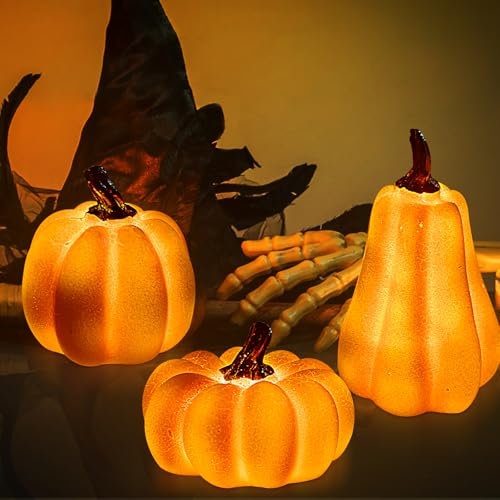 Funmo Halloween pumpkin Laterne Deko 3 Stück,Herbstdeko pumpkin Deko Figuren mit LED Lichter,pumpkin Laterne Farbwechselndes Licht für Tischdeko, Halloween Party, Garten Dekofigur