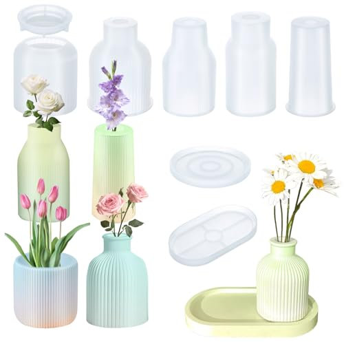 Huiguli 7 Stück Vase Silikonform, 5 Vase + 2 Tablett, Gießformen Blumenvasen, Handgefertigte Silikonformen, DIY Vases Resin Formen, Vase Silicone Mould für Handwerk Heimdekoration