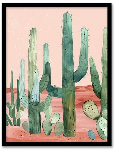Artery8 Saguaro Cactus Pink Mexican Desert Landscape Living Room Art Print Framed Poster Wall Decor 12x16 inch