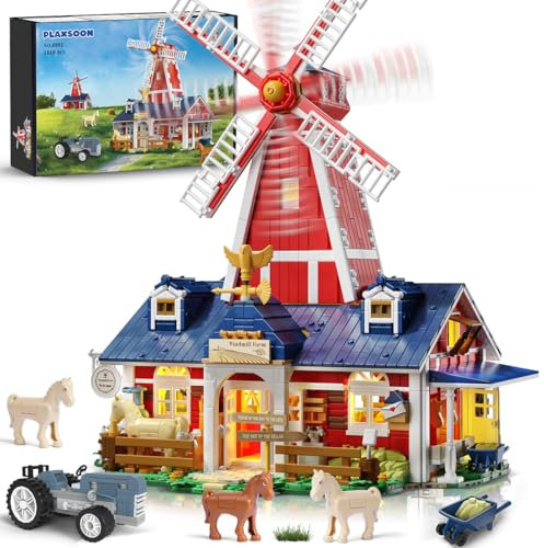 PLAXSOON Bauernhof Haus Klemmbausteine mit Licht, 1810 Stück Mechanische Bauernhof Baukasten Spielzeug mit Windmühle Traktor Pferd, Scheunen Bauspielzeug für Erwachsene Jugendliche 12+
