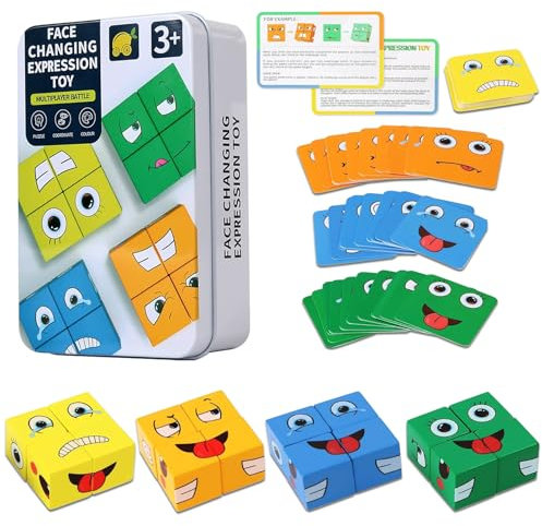 YeaHapiday Holzwürfel Puzzle, Gesichter Puzzle Bauwürfel Ausdruckswürfel Holzpuzzle,Interaktives Knobelspiele Spiel,Mastermind Spiel,3D Puzzle Montessori Face-Changing Magic Rubiks Cube