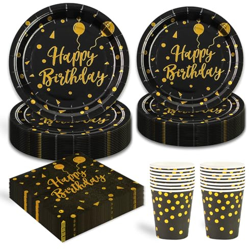 96 Stück Schwarz und Gold Partygeschirr,Happy Birthday Schwarz Gold Geburtstag Party Geschirr Becher Serviette Pappteller Set,für Mädchen Kinder Tischdekoration-24 Gäste