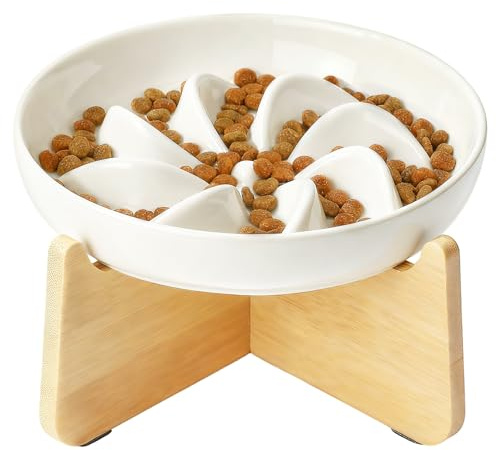 PETTOM Gamelle Anti Glouton Chat Ceramique avec Bambou Support, Gamelle Chat Surélevée Anti Glouton (Blanc-gamelle avec Support)