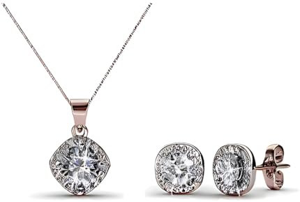 MGJ™ Swarovski Crystal Pendant Necklace and Earrings Set for Women | Hypoallergenic Jewellery Gift for Her | Available in Silver, Rose Gold (Rose Gold)