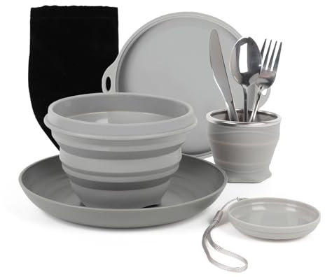 Lot de 6 Ensembles de Vaisselle de Camping Pliables avec Couverts en Acier Inoxydable, Vaisselle en Plastique Réutilisable avec Bols, Assiettes, Gobelets et Sacs Filet pour Voyages, Camping