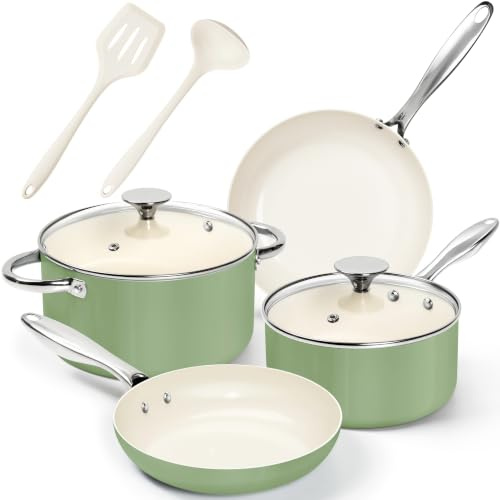 MICHELANGELO Ceramic Pots and Pans Set 8pcs, Nonstick Set for Induction | Non Stick, Ceramic Coating, Low Oil Cooking, Ideal For Breakfast Vegetables Pasta And Family Cooking From Small To Large Meal