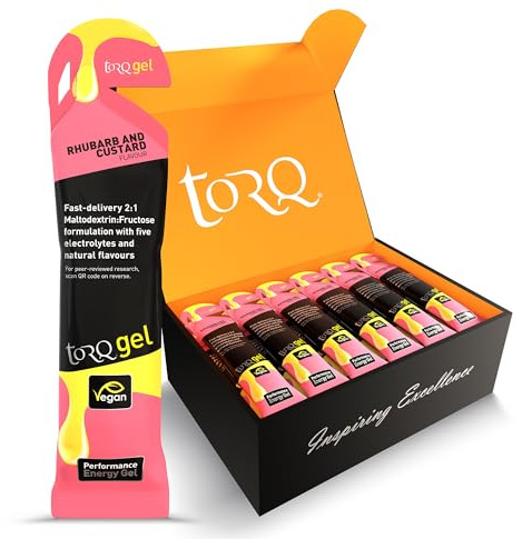 TORQ Running Gels with Electrolytes - 2:1 Maltodextrin: Fructose for Endurance Sports & Optimal Performance | Energy Gels for Running, Cycling & Marathons - 30g Carbs Per Gel | Rhubarb & Custard 30