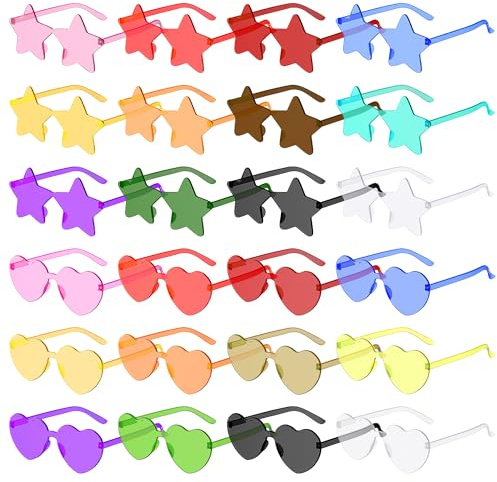 24 Stück Heart Sunglasses Stern Brille Sonnenbrille, Partybrille Vintage Sonnenbrille Herzform Damen Randlose Herzbrille Transparente Bonbonfarbene für Fotografie Party Hochzeit Karneval Fasching