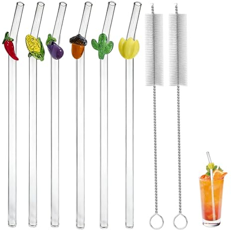 6 PCS Glass Straws, Reusable Glass Straws with Charms, Bent Drinking Straws Different Fruit Vegetable Charm for Cocktails Smoothies Juices, Eco-Friendly Glasses Straw Drinking for Home Kitchen Bar