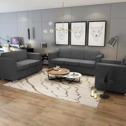 SooIarix Dreiteilige Sofagarnitur, Stoff Dunkelgrau, Holzrahmen, Verchromte Beine, für Wohnzimmer & Büro, Robust & Pflegeleicht, 1er, 2er, 3er Sofa Set