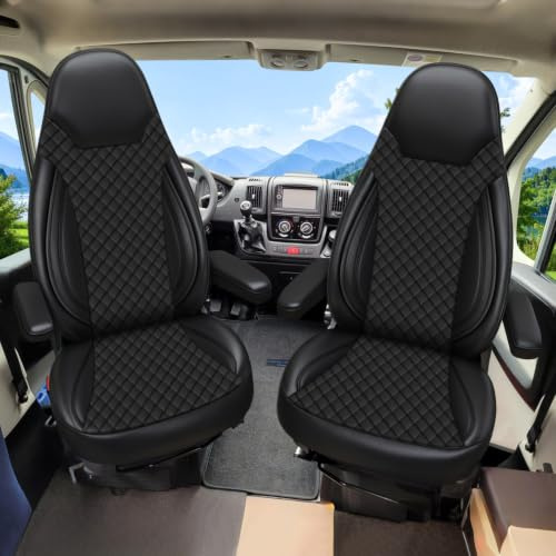 Wohnmobil Sitzbezüge für FIAT Ducato Citroen Jumper Peugeot Boxer | Leder Autositzbezüge Sitzbezug Auto Vordersitze, Schwarz
