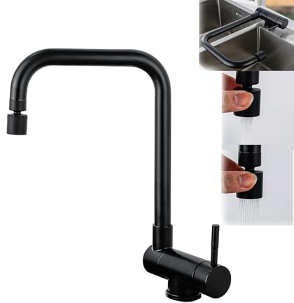 VANOXA Grifo de Cocina Abatible Bajo Ventana, Negro Satinado | Acero inox 304 | Giro 360° | 2 Modos de Agua | Boquilla orientable | Monomando