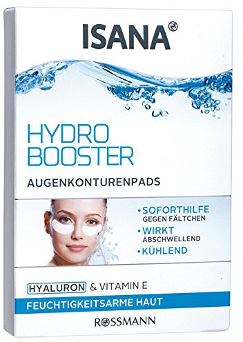 ISANA Hydro Booster Augenkonturenpads - 1 x 12 Pads für feuchtigkeitsarme Haut, mit Hyaluron & Vitamin E, Soforthilfe gegen Fältchen, wirkt abschwellend & kühlend