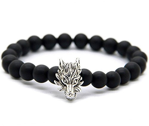 Bracelet Tête Dragon Pierre Noire Mate Perle 8mm Cordon Élastique Extensible Longueur 17cm cadeau anniversaire saint valentin homme femme bijou garçon fille fête mères mamans pères papas