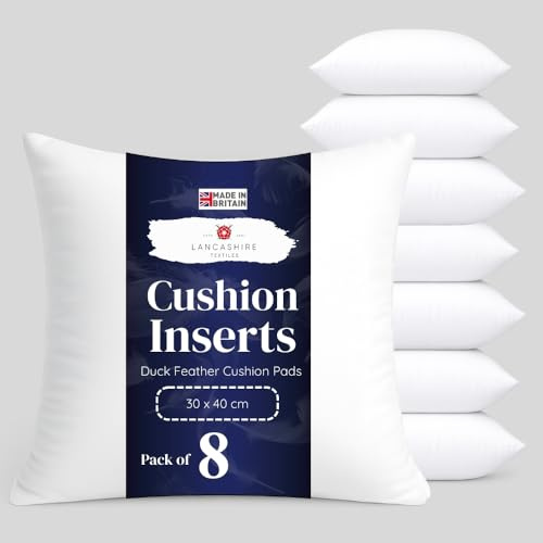 Lancashire Textiles Duck Feather Cushion Pads Generously Filled with Ethically Sourced Feathers Encased in Pure Cotton Cambric Cover - Pack of 8-26 x 26 (65cm x 65cm)