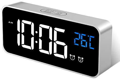 MOSUO Digitaler Wecker, LED Digital Wecker Spiegel Tischuhr USB Wiederaufladbar Reisewecker mit Temperatur & AnzeigeSprachsteuerung, 2 Weckzeiten, Snooze, Einstellbare Helligkeit & Lautstärke, Silber