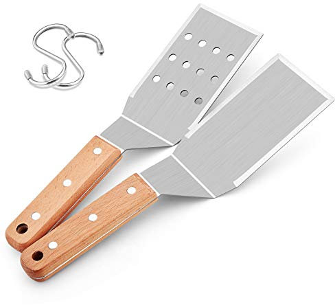 HaSteeL Lot de 2 spatules en métal en acier inoxydable pour barbecue Teppanyaki Hibachi en fonte, facile à nettoyer et 2 crochets