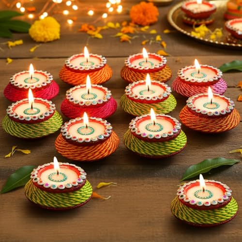 TIED RIBBONS 12 pcs Handmade Clay Diya for Diwali, Wax Filled | Traditional Homemade Diyas Tealight | Indian Oil Lamp | Diwali Decorations for Home | Terracotta Diyas | Matki Diya | Diwali Gifts