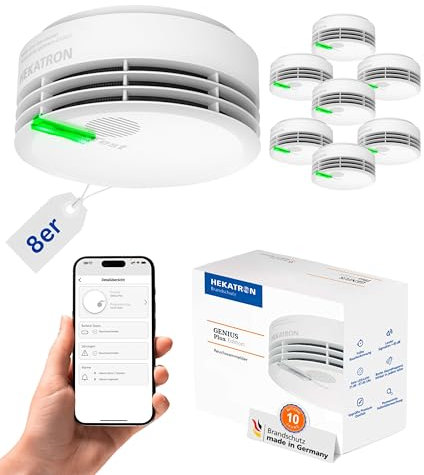 Hekatron Genius Plus – Rauchmelder 10 Jahre Batterie – Testsieger Stiftung Warentest – made in Germany – inkl. 8x Klebepad – App-unterstützt – Feuermelder – mehrsprachig – 8 Stück