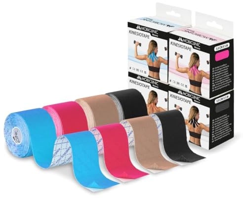 Mobiclinic®, Pack de 4 Kinesiotape, 5x5cm, Mobitape, Venda Neuromuscular Adhesiva, Alivio Dolor Muscular, Elásticas, Impermeable, Vendaje Kinesiológico, Apto para Múltiples Zonas, Rollo