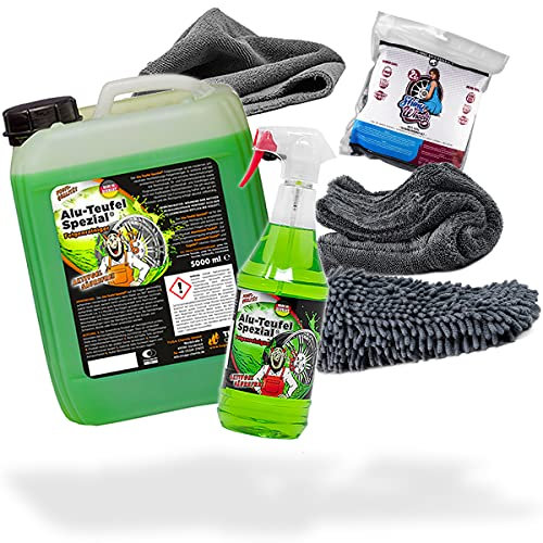 detailmate Felgen Reinigung Set: Tuga Chemie Alu Teufel Felgenreiniger 1L + Tuga Chemie Aluteufel Felgenreiniger 5L + Nuke Guys Shiny Wheels Set mit Tuch und Waschhandschuh + Mikrofasertuch 380GSM