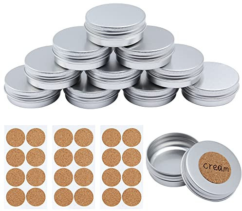 LanYin, 10 pcs Tarros de Aluminio Vacío Latas de Aluminio 30 ml con Etiquetas Lata Aluminio Redonda para Crema,loción,Máscaras, Bálsamo Labial,Velas,Dulces, Plata, L