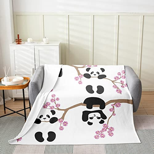Cartoon Panda Überwurfdecke für Kinder Jungen Mädchen Pink Cherry Blossom Fleecedecke Kawaii Handgezeichneter Panda Flanelldecke Warm Schwarz Weiß Wildtier Plüschdecke Schlafsofa Dekor, 150 x 200