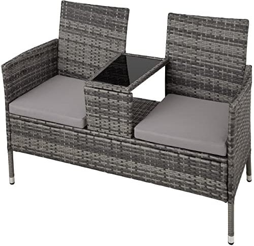 TecTake 800168 Panca da giardino in polyrattan con tavolino, Rivestimenti di colore beige, Tavolo con vera lastra in vetro (grigio/grigio chiaro)