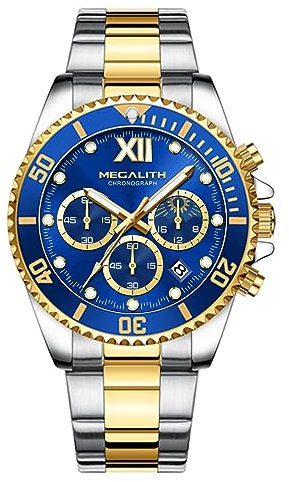 MEGALITH Herrenuhr Edelstahl Analog Chronograph Männer Uhr Moon Phase, Designer Herren Uhr Wasserdicht Leuchtende Quarz Mann Armbanduhr mit Datum, Uhren Herren Geschenke - Gold Blau