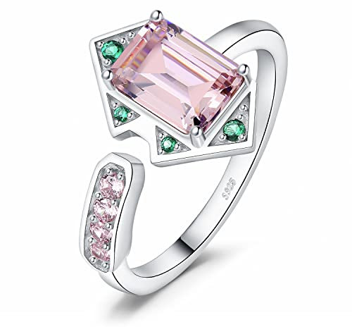 JewelryPalace Art Deco Geometrisch Offen Verstellbarer Smaragdschliff 2.8ct Rosa Zirkonia Ring Silber 925 Damen, Ring Simulierter Smaragd mit Grün Stein Schmuck Set, Silberring Frauen Bicolor Mädchen