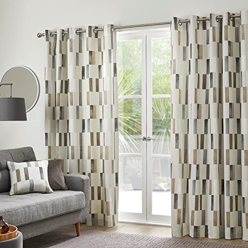 Fusion Natural Geometric Tile Curtains W46 x L72 (117x183cm) – 2 Panels – 100% Cotton Eyelet Drapes – Vertical Rectangle Pattern – Thermal Soundproof Curtains for Bedroom/Living Room – Modern Style