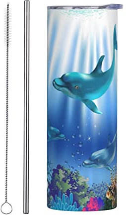 Quteprint Ocean Sea Dolphin Fish Tumbler Cup 20 oz, Stainless Steel Mug Vaccum Insulated Skinny Tumblers with Lid and Straw Double Wall Feak Proof Coffee Travel Mug Birthday Gift for Women Men