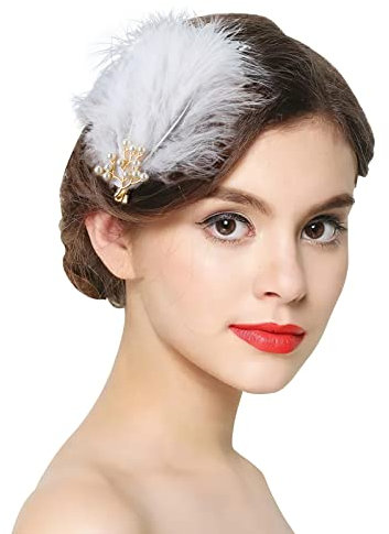 MWOOT 4 Stück Feder Haarspange set für Frauen, Eleganter Haarspangenkopfschmuck, Weiße Handgemachte Perle Feder Kopfschmuck für Hochzeit Halloween Party Carnival Kostüm Dekoration