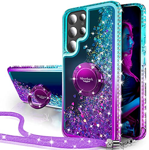Miss Arts Hülle für Samsung Galaxy S23 Ultra,Glitzer Handyhülle mit Band | Lila,mit Ring,Silikon Flüssigkeit Clear Case, Treibsand Schutzhülle für Mädchen