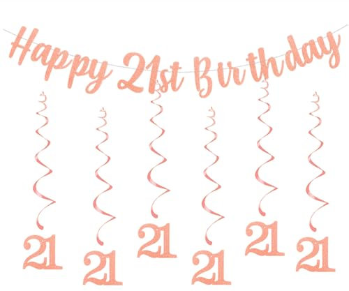bng-bng 21st Birthday Party Decorations Rose Gold with Happy 21st Birthday Bunting Banner Hanging Swirls Streamers for Girl Women Adult Age 21 Anniversary Party Decor Supplies