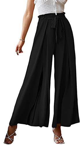 Mugoebu Damen Tanzhose Locker Hose Bauchtanz Pilates Yoga Elastizität Lange Dünn Leicht Split Palazzohose mit hoher Taille und Seitenschlitz Fließende Hose (Z-Black, S)