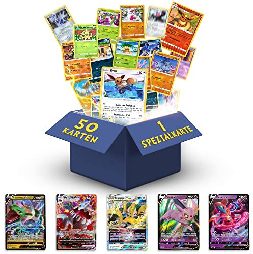 Heartforcards® 50 Original verschiedene Pokemon Karten | Deutsch | 1 V/Ex/Vmax/Vstar | 3X Holo | 3X Selten | 1X zufällige Pikachu/EvoIi | Sammelkarten aus aktuellen Sets | für Weihnachten + 100 Hüllen