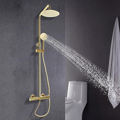 biniliubi Thermostat De Douche Doré Ensemble De Douche Mural Avec Robinet Colonne Douche Anti-Calcaire Thermostat Thermostatique Maison Mitigeur Poli Standard Chromé Compris Pour Toilettes HôTels