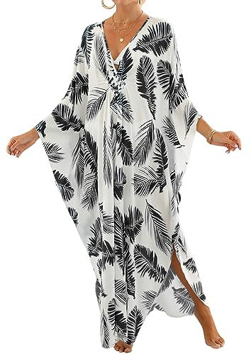 Bsubseach Long Half Sleeve Kaftan for Women Plus Size V Neck Swimsuit Coverups Summer Beach Dress Black Leaves Print