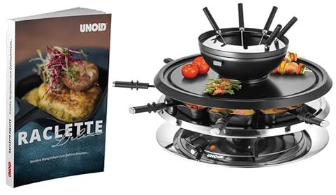 Unold 48926 Raclette Multi 4 in 1 inkl. Raclette Rezeptbuch mit 50 Rezepten | Raclette-Grill für 8 Personen, wendbarer Antihaft-Grillplatte, Edelstahl/Schwarz, 1300W [Energieklasse A+]