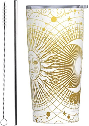 FJQWKLF Bicchiere termico Gold Sun Moon Goth Mystic 20 OZ con coperchi e cannuccia Tazza sottovuoto in acciaio inossidabile per caffè Acqua Tazza da viaggio a tenuta stagna per casa ufficio scuola