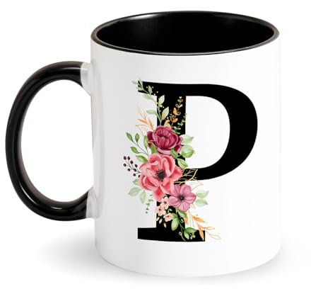 Tasse mit Initialen - Keramik Tasse mit Buchstabe und Blumen - Kaffeetasse mit Alphabet Schwarz Initial Tasse personalisiert Geschenke für Frauen, Mama, Freundin zum Geburtstag, Muttertag (P)
