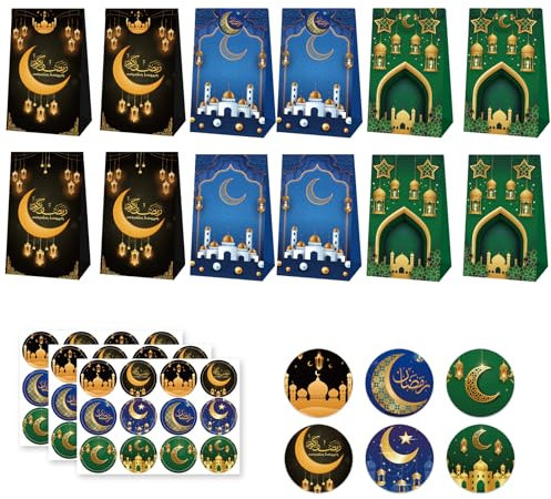 YKHSUAOU 12 Stück Eid Mubarak Geschenktütenmit 12 Aufklebern,Ramadan-Geschenktüten,Kraftpapier Tüten,Ramadan Tüten Eid Mubarak Favor Taschen, für Eid al-Fitr Geschenk Verpackung