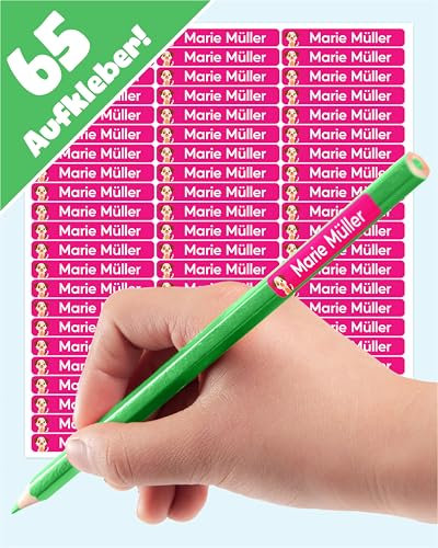 LabelTiger® Personalisierte Namensaufkleber für Kinder in der Schule - 65 Stück, Ideale Aufkleber für Stifte & Schulsachen, Selbstklebend & Wasserfest - Pink